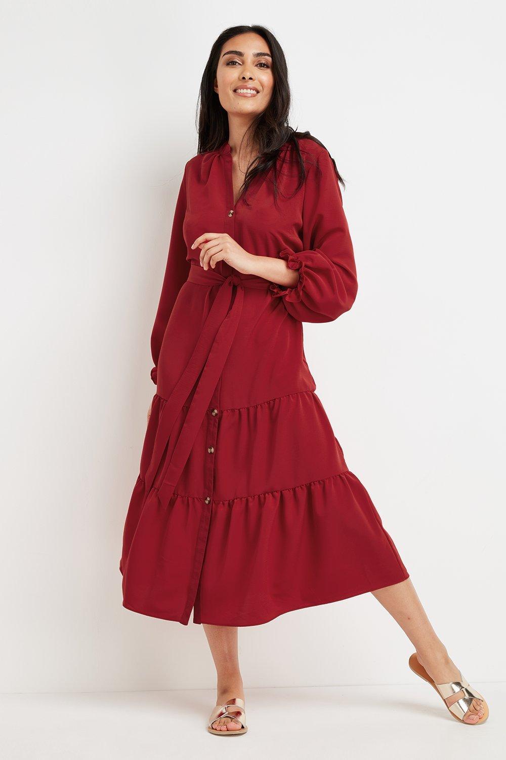 Petite Red Tiered Midi Dress | Wallis EU